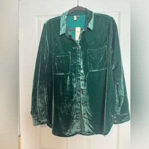 NWT Pilcro green velvet button down long sleeved  shirt. Size M